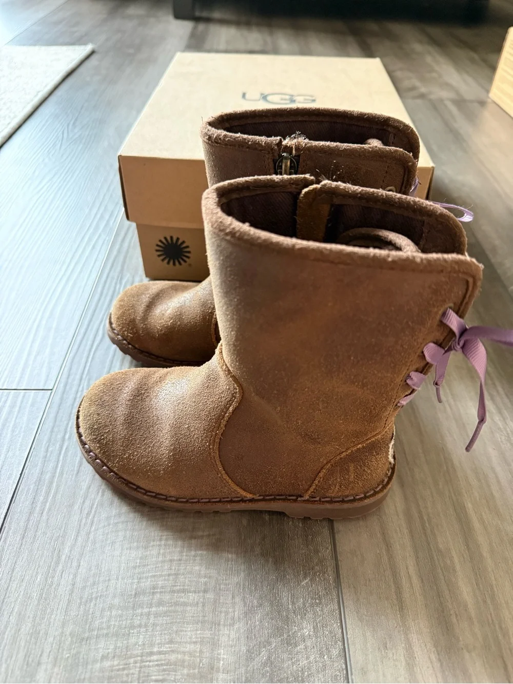 UGG Kids Brown Suede Boots with Lavender Laces